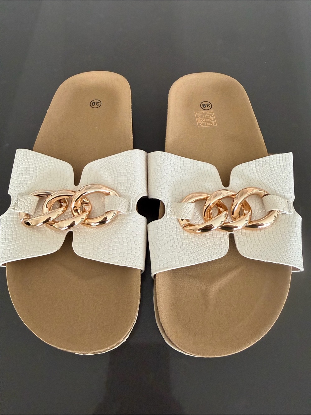 Women's Cream Slide Sandals with Rose Gold Chain Accent